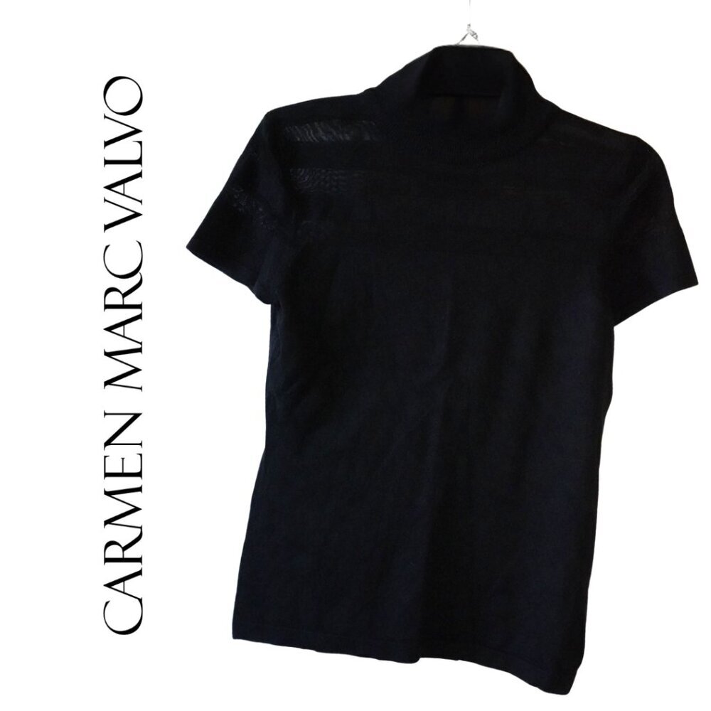 Carmen‎ Marc Valvo, Short Sleeve Mock Neck Sheer Knit Top, Black